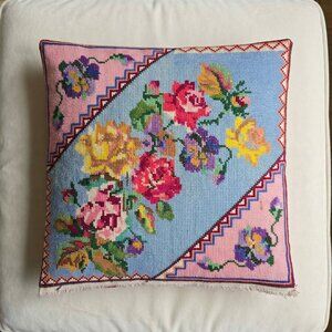 Handmade Needlepoint Cushion Cover Floral Roses Wool Stitch Vintage Textile